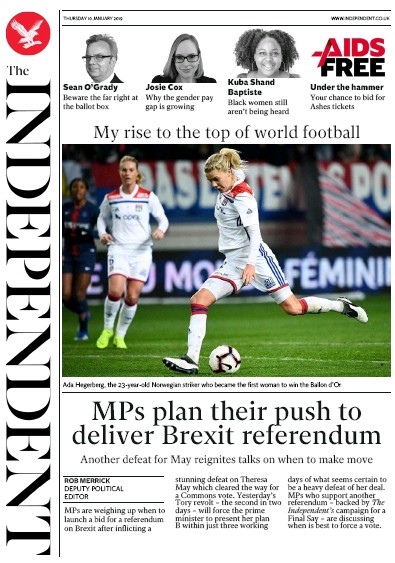The Independent (UK) Newspaper Front Page for 10 January 2019
