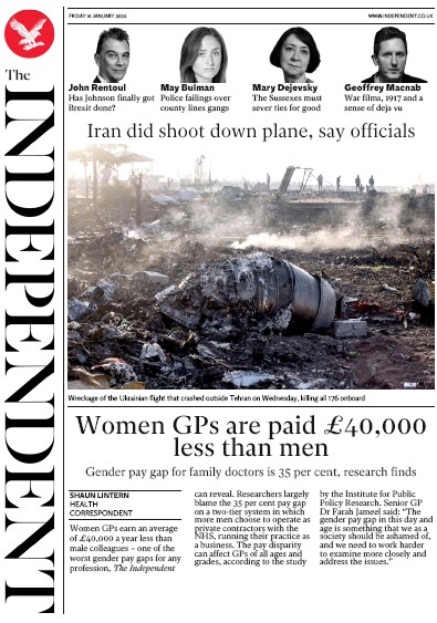 The Independent Newspaper Front Page for 10 January 2020