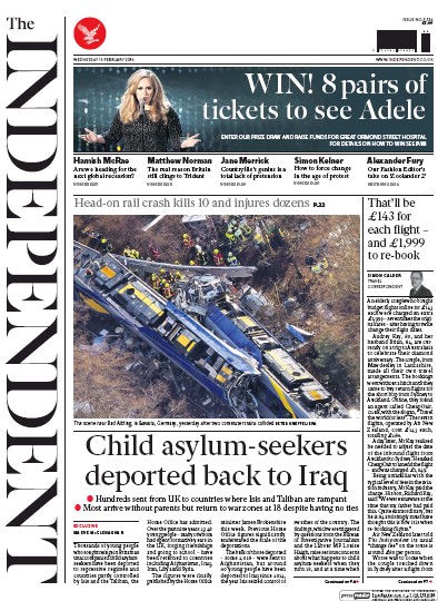 The Independent Newspaper Front Page for 10 February 2016