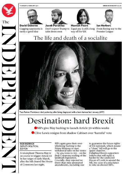 The Independent Newspaper Front Page for 10 February 2017
