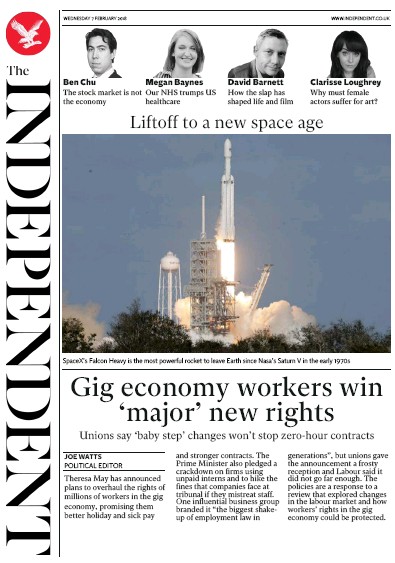 The Independent Newspaper Front Page for 10 February 2018