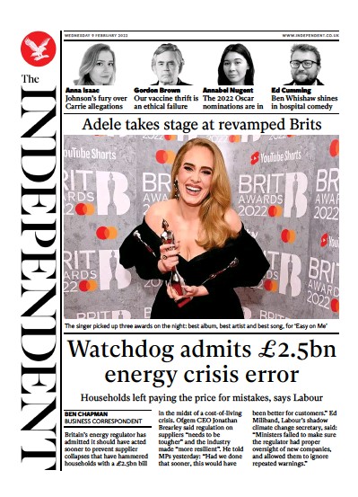 The Independent Newspaper Front Page for 10 February 2022