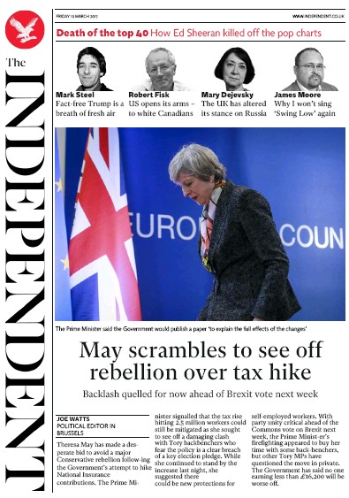 The Independent Newspaper Front Page for 10 March 2017