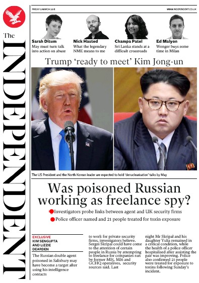 The Independent Newspaper Front Page for 10 March 2018