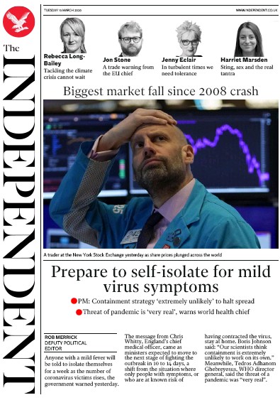 The Independent Newspaper Front Page for 10 March 2020