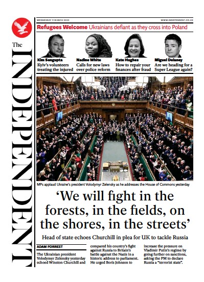 The Independent Newspaper Front Page for 10 March 2022