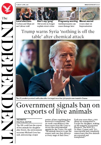 The Independent Newspaper Front Page for 10 April 2018