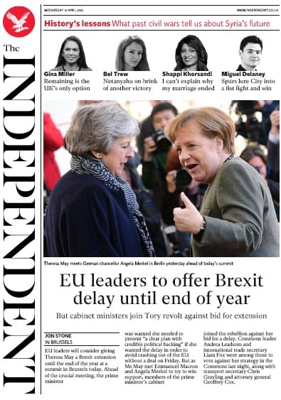 The Independent (UK) Newspaper Front Page for 10 April 2019