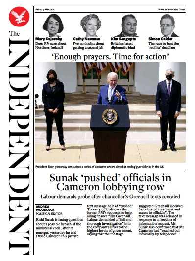 The Independent (UK) Newspaper Front Page for 10 April 2021