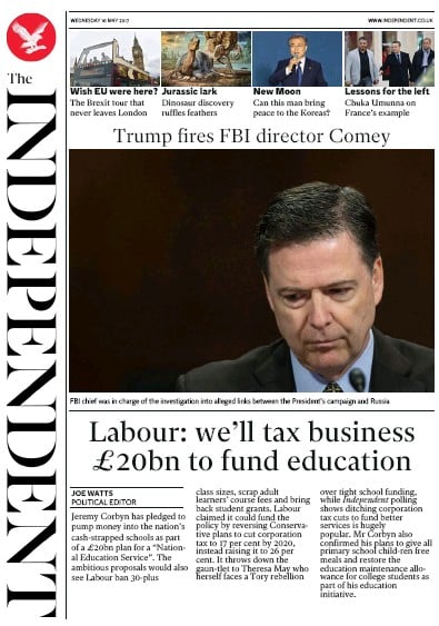 The Independent Newspaper Front Page for 10 May 2017