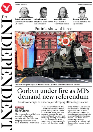 The Independent Newspaper Front Page for 10 May 2018