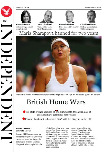 The Independent (UK) Newspaper Front Page for 10 June 2016