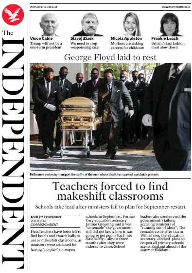 The Independent Newspaper Front Page for 10 June 2020