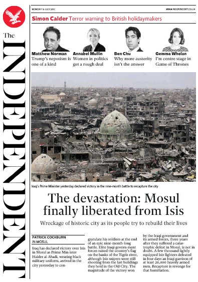 The Independent Newspaper Front Page for 10 July 2017