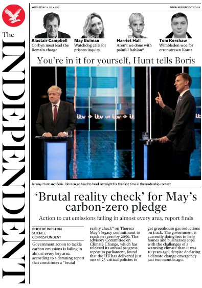 The Independent (UK) Newspaper Front Page for 10 July 2019