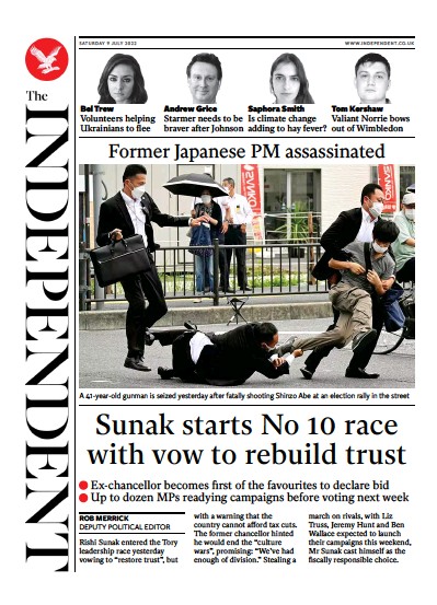 The Independent Newspaper Front Page for 10 July 2022