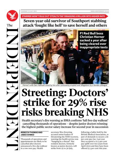 The Independent (UK) Newspaper Front Page for 10 July 2025