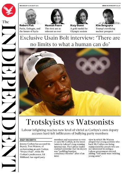 The Independent Newspaper Front Page for 10 August 2016