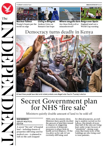 The Independent Newspaper Front Page for 10 August 2017