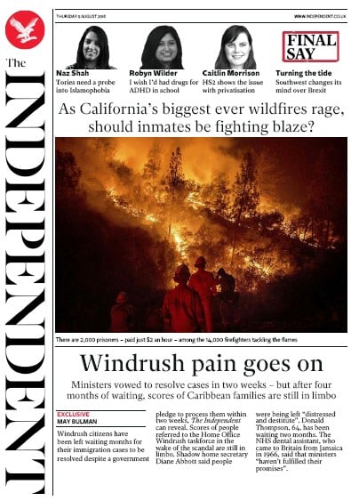 The Independent Newspaper Front Page for 10 August 2018