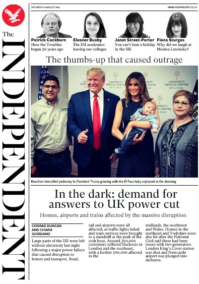 The Independent Newspaper Front Page for 10 August 2019