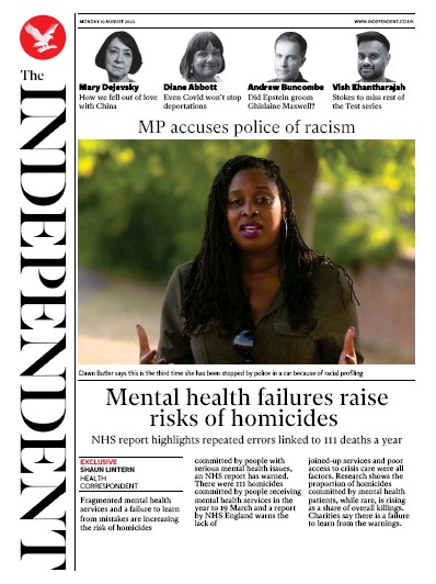 The Independent Newspaper Front Page for 10 August 2020
