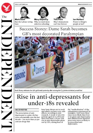 The Independent Newspaper Front Page for 10 September 2016