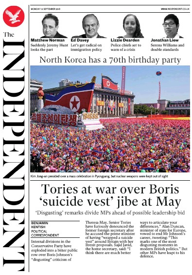 The Independent Newspaper Front Page for 10 September 2018
