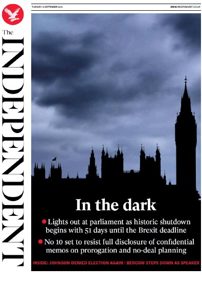 The Independent Newspaper Front Page for 10 September 2019