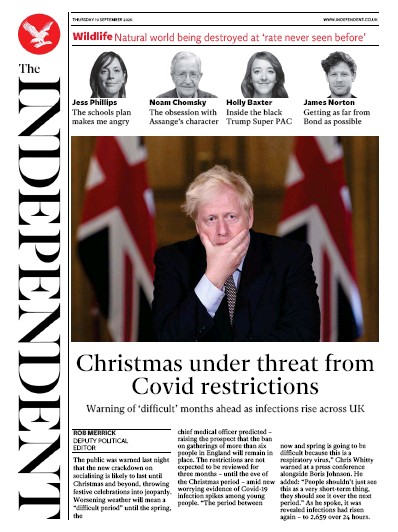 The Independent (UK) Newspaper Front Page for 10 September 2020