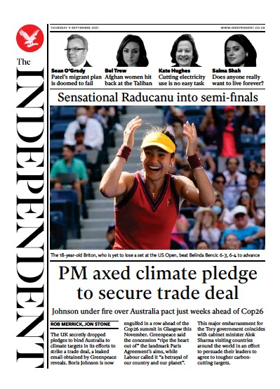 The Independent (UK) Newspaper Front Page for 10 September 2021