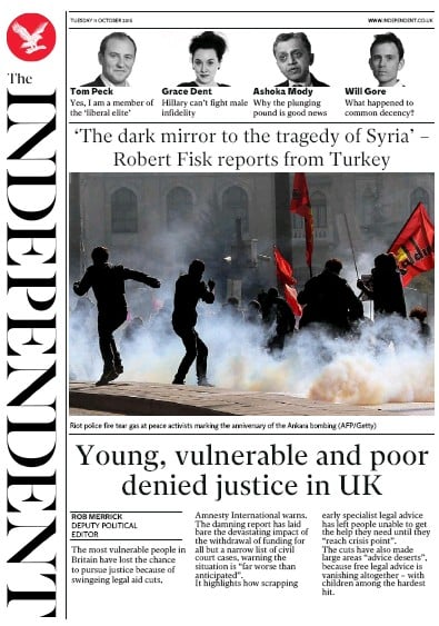 The Independent Newspaper Front Page for 11 October 2016