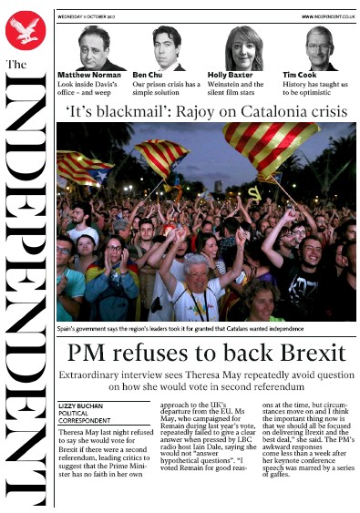 The Independent Newspaper Front Page for 11 October 2017