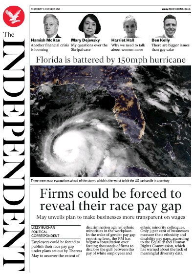 The Independent Newspaper Front Page for 11 October 2018