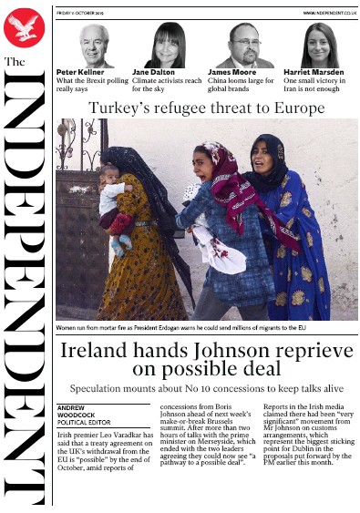 The Independent Newspaper Front Page for 11 October 2019