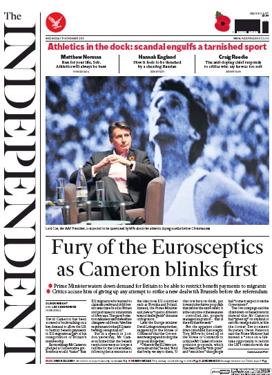 The Independent (UK) Newspaper Front Page for 11 November 2015