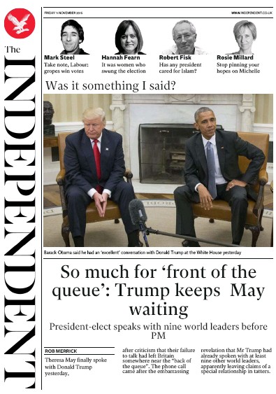 The Independent Newspaper Front Page for 11 November 2016