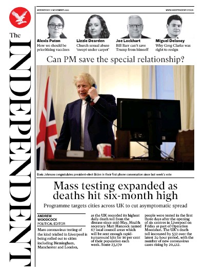 The Independent Newspaper Front Page for 11 November 2020