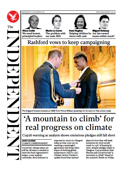 The Independent (UK) Newspaper Front Page for 11 November 2021
