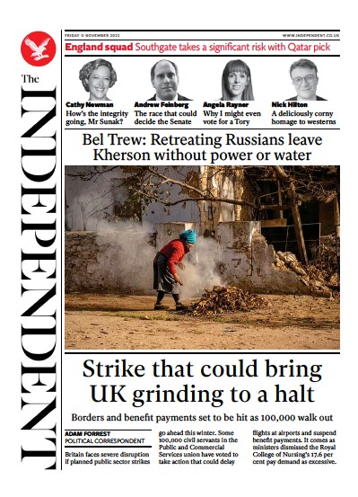 The Independent (UK) Newspaper Front Page for 11 November 2022