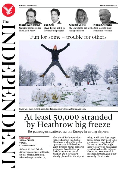 The Independent (UK) Newspaper Front Page for 11 December 2017
