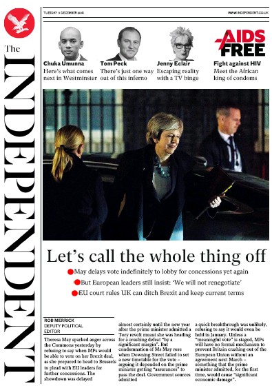 The Independent Newspaper Front Page for 11 December 2018