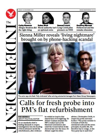The Independent (UK) Newspaper Front Page for 11 December 2021