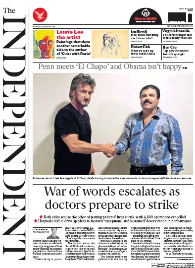 The Independent Newspaper Front Page for 11 January 2016