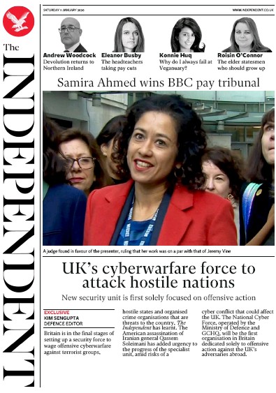 The Independent Newspaper Front Page for 11 January 2020