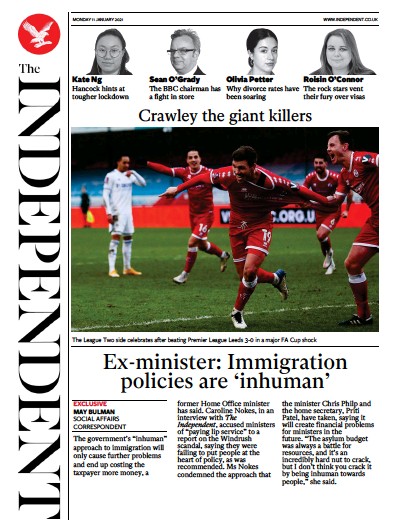 The Independent Newspaper Front Page for 11 January 2021