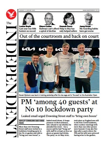 The Independent (UK) Newspaper Front Page for 11 January 2022