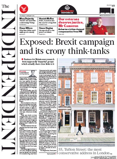 The Independent Newspaper Front Page for 11 February 2016