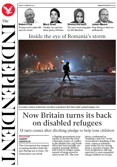 The Independent (UK) Newspaper Front Page for 11 February 2017