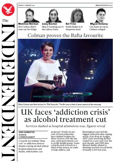 The Independent (UK) Newspaper Front Page for 11 February 2019